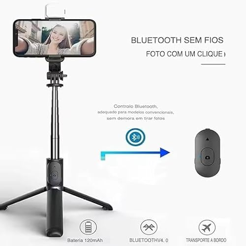 Tripé Bastão Pau De Selfie Com Led Bluetooth Retrátil Para Celular Com Controle Remoto (Preto)