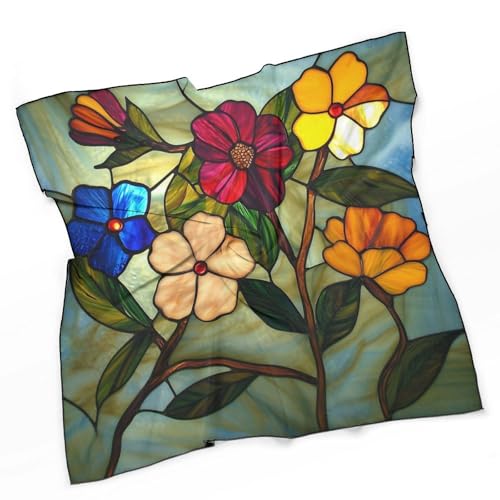 Stained Glass Flowers Women Hair Scarf Square Silk Like Head Scarves Handkerchief Satin Neck Scarf3