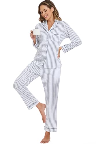 Image of LUBOT 100% Cotton Pajamas for Women Pajama Set 2 Piece PJ Sleepwear Set Soft Ladies Button Knit Long Sleeve Loungewear XS-XXL