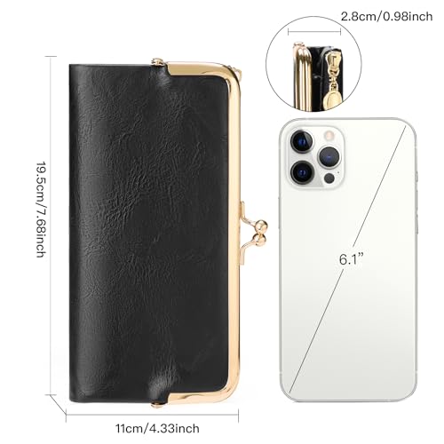 Image of GOIACII Womens Wallet Kiss Lock Bifold Leather Wallets for Women Black | Vintage Wallet for Women,Ladies Clutch Purse,Women's Card Holder Wallet with Zipper