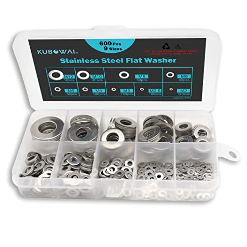 KUBOWAI Juego de Arandelas de Acero Inoxidable de 600 Piezas, Arandela de Seguridad, Combinación de Arandelas Planas, con Caja de Surtido, M2, M2.5, M3, M4, M5, M6, M8, M10, M12 (9 Tamaños)