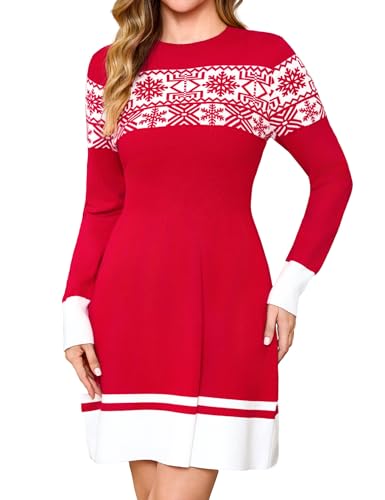Gyabnw Strickkleid Damen Rot Rentier Muster Elegantes Minikleid Festliches Winterkleid für Party