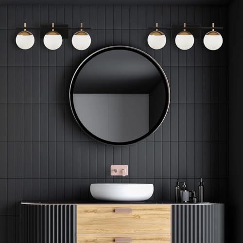 Image of Mid Century 3-Light Bathroom Vanity Light Over Mirror, Black and Gold Modern Bathroom Light Fixtures with Milky White Frosted Glass Globe Shade, Wall Sconces for Bathroom, Stairs, Kitchen
