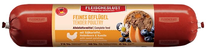 Fleischeslust Feines Geflügel mit Süßkartoffel, Heidelbeere & Kamille Wurst (1 x 400 Gramm)