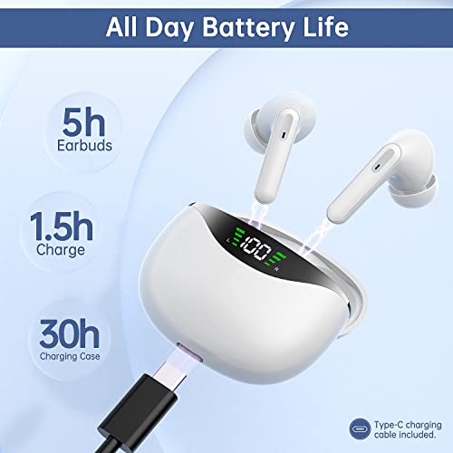 Image of Wireless Earbuds, Bluetooth 5.1 Headphones 30Hrs Playtime with LED Power Display, IPX7 Waterproof Earphones, TWS in Ear Stereo Headset Built-in Mic for iPhone /Android (White)