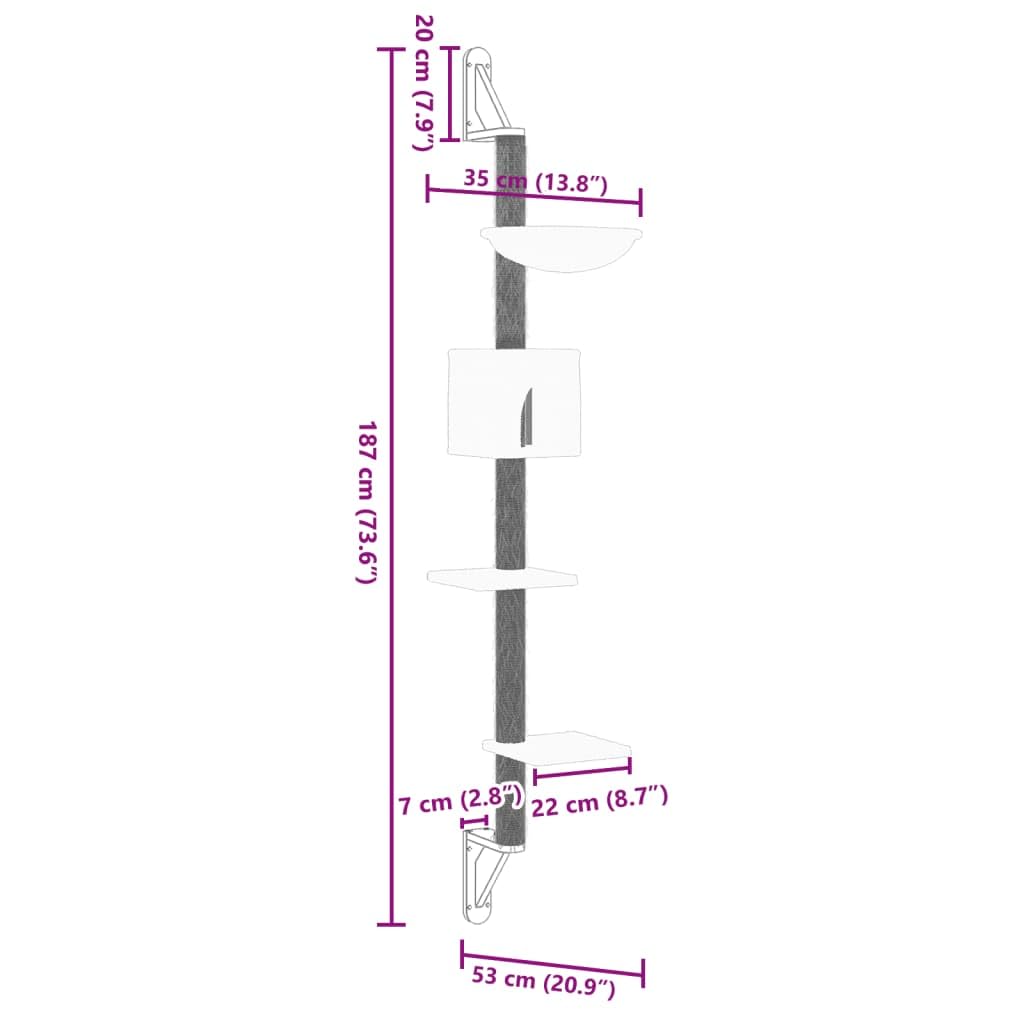 Tiragraffi da parete con colonna tiragraffi in sisal e superfici di riposo, grigio scuro, 187 cm, per gatti in appartamenti, albero da arrampicata con amaca, grotta e tiragraffi, torre gioco