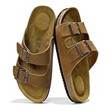 Project Cloud Genuine Leather Mens Sandals with Memory Foam Natural Cork Footbed Slides for Men Footwear - Non-Slip Double-Strap Buckle Summer Sandals (Arizona,TANSUEDE,11)