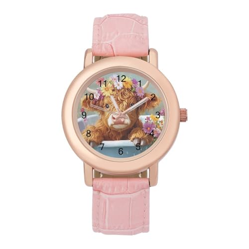 Image of Cute Highland Cow in Bath Women's Leather Watch Easy Reader Minimalist Wristwatch Pink Rose Gold Strap Watches