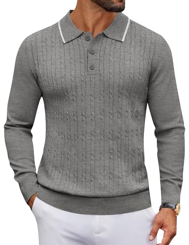 COOFANDY Long Sleeve Polo Sweaters for Men Casual Knitted Polos Button Down Fashion Golf Pullover Sweater, Dark Grey, M