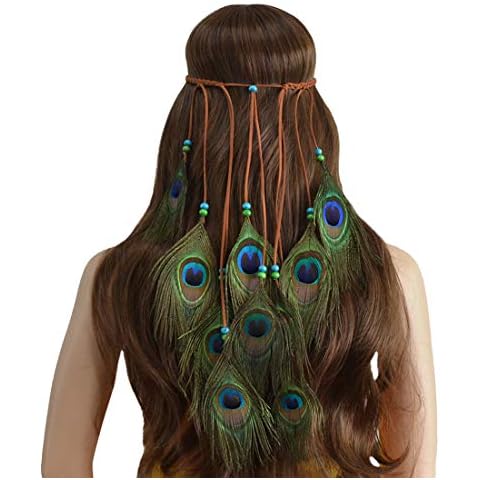 Repuhand Girls Lady Bohemian Peacock Feather Headband Hippie Headpiece Handmade Tribal Indian Fascinator Feather Hairband Headdress Hair Accessories Cover