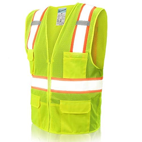 SHORFUNE High Visibility Mesh Safety Vest with Pockets, Mic Tabs, Zipper and Reflective Strips,ANSI/ISEA Standards
