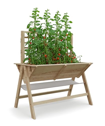 Wooden Raised Garden Bed With Legs Mobile Outdoor Planter Box With Storage Shelf and Protective Liner With Lockable Wheels Elevated Reinforced Large Planter Box for Vegetable Flower Herb Outdoors
