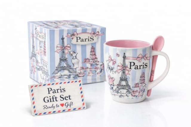Mug Souvenir de Paris – 5 Designs Collection – Tasse en Céramique 320 ml avec Cuillère dans Coffret Prêt à Offrir – Cadeau Original pour Femme, Idée Cadeau...