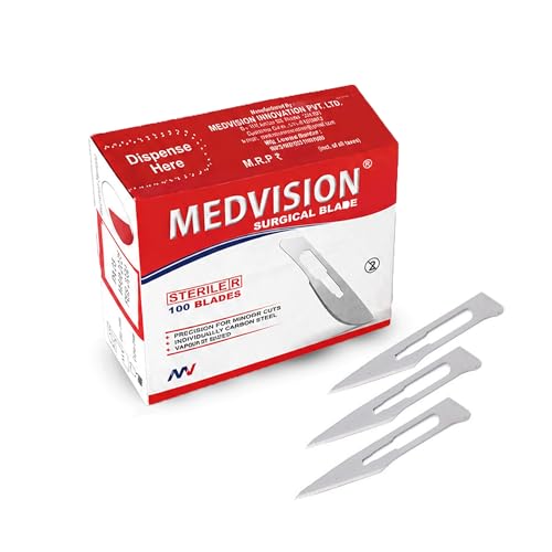 Image of Surgical Blades, 100 pieces sealed box, one complementary scalpel handle,sterilised by Gamma Radiation, made of carbon steel, single piece individually foil pack,ISI mark,made in India,surgeon /doctor scalpel blade for medical and industrial use, all sizes to choose from in options (15)