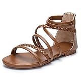 youngshow Gladiator Sandals for Women Cross Braided Strappy Sandals Womens Open Toe Dressy Summer Flat Sandals with Ankle Strap Zip Closure Holiday Beach Sandals Brown
