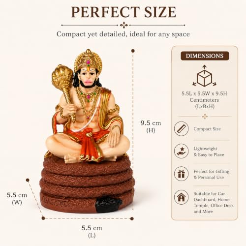 Image of Virajman Hanuman Ji Idol Sitting on Tail | Ravana Sabha Pose | Hanuman Murti for Car Dashboard, Home Temple & Office Decor, Housewarming, Vastu | 3.8 Inches | Multicolour