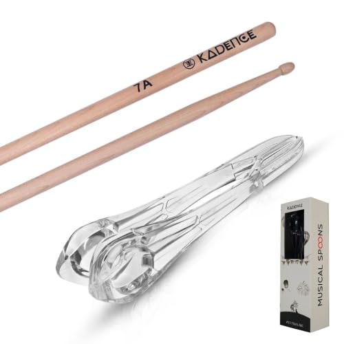 Image of Kadence MW7A-MSPN Jamming Series 7A Maple Wood Drumsticks & 9 inch Polycarbonate Musical Spoon Combo | Percussion Instrument for Practice, Rhythm Training, Music Performance & Gifting | Natural & Clear