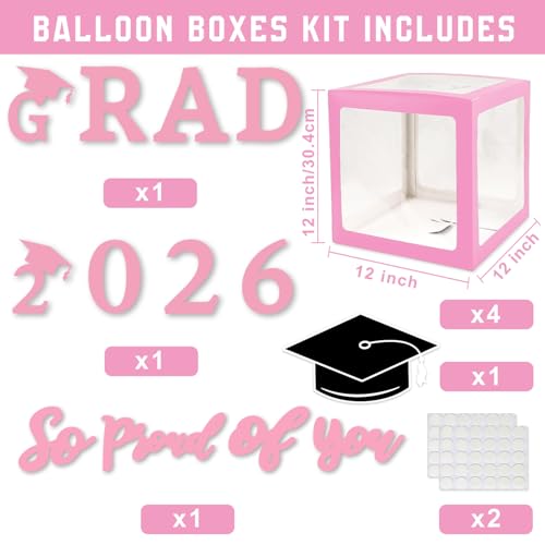 Image of Pink Graduation Decorations Class of 2026 - Set of 4 Balloons Boxes with Letters 2026 GRAD So Proud of You, Congrats Grad Party Decorations for Any Grades