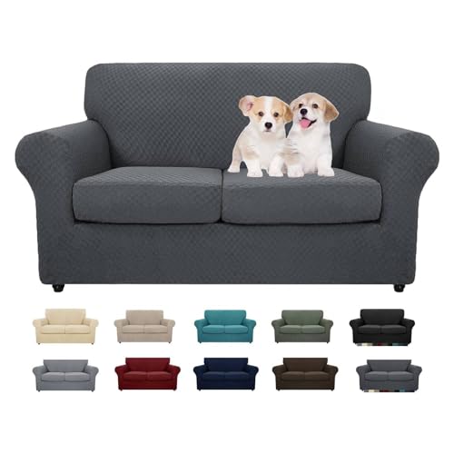 MAXIJIN 3 Piezas Nuevo Funda para Sofá Jacquard para 2 Plazas Super Elástica Antideslizante Funda para Sillón Amigable con Mascotas Protector Elástico de Muebles (2 Plazas, Gris Oscuro)