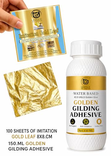 Image of UGLS Gold Leaf Sheets Art (8 x 8 cm, 100 Sheets) with 150 ml Golden Glue Gilding Adhesive | Gold Foil for Gilding, Resin Art, Mysore Painting, Arts & Crafts, DIY Crafts & Furniture Decoration