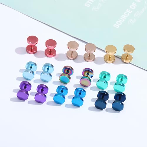 NEWITIN 12 Pairs Dot Stud Earrings for Men Faux Gauges Hypoallergenic Ear Tunnel Earring Surgical Steel Screw Flat Back Round Ear Studs for Women4