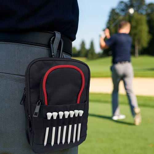 Taktische Golf-Wertsachen-Tasche mit Karabiner, wasserabweisend, Golftasche, Tasche für Gürtel, Wagen oder Rucksack, kompakte Golf-Zubehörtasche für Bälle, Tees, Handschuhe und EDC-Ausrüstung, Schwarz