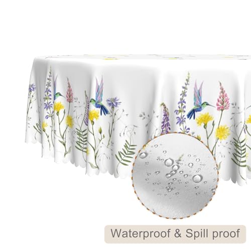 TTQYFNM Spring Summer Floral Round Tablecloth 42 Inch Wild Flower Birds Botanical Plants Decorative Table Cloth Waterproof and Stain Resistant Table Cover for Kitchen Dining Room Patio Home Decor by TTQYFNM - Used condition - Image 2