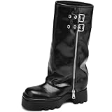 SLXCHBSL Women's Knee High Boots Buckle Moto Biker Boots for Women Platform Fold Over Tall Boots Chunky Low Heel Wide Calf Boots