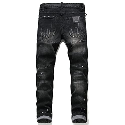 Men's Ripped Slim Fit Cozy Jeans Printed Pattern Biker Jean Trousers Fit Skinny Destroyed Distressed Tapered Leg Denim Pants (Black,34)2