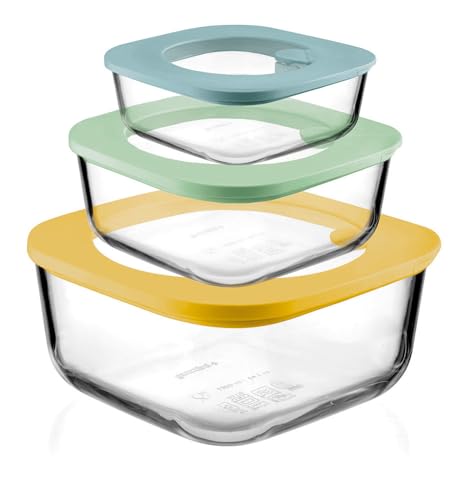 Set Contenitori Ermetici Con Coperchio Altezza 9,3 Cm Dimensioni 19,5 x 19,5 Cm Capacità 450 / 975 / 1900 Cc Materiale Vetro Borosilicato PP Gomma Termoplastica Forma Quadrata Ideale per Conservare in Freezer o Frigo Lavabile in Lavastoviglie Utilizzabile in Microonde Colore Giallo, Verde e Blu