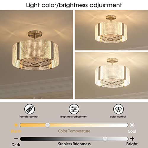Zhizenl Ceiling Fans With Lights, Crystal Modern Flush Mount Ceiling Fan With Remote Control, Dimmable Led 6 Wind Speeds Low Profile Caged Ceiling Fan With Light For Bedroom Living Room #TOP1