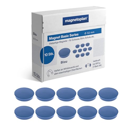 Magnet Basic Series - 10 imanes de Colores para Pizarra magnética, Nevera y pizarras Blancas, diámetro de 32 mm, Fuerza de sujeción 800 g (7 Hojas A4), Revestimiento Especial sin arañazos, fácilmente