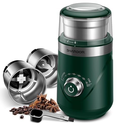 Image of SHARDOR Electric Super Silent Blade Coffee Grinder, Timed Grind Control Rotary Knob, Adjustable Coarse to Fine for Coffee Beans, Spices & Herbs, with 2 Removable Stainless Steel Bowl, Green