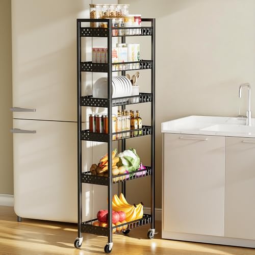 Kssiaz Carro de Almacenamiento Delgado, Carro con Ruedas de 6 Niveles, Organizador Móvil Estrecho Multiuso para Cocina, Baño, Lavadero, Sala de Estar, Espacios Estrechos, 9,84pulgadas (A)