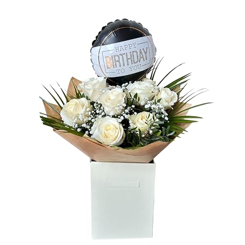 Pure Elegance Birthday Flowers – Fresh White Roses with Baby’s Breath and Happy Birthday Balloon, Make every birthday extra special with this Pure Elegance Birthday Bouquet.