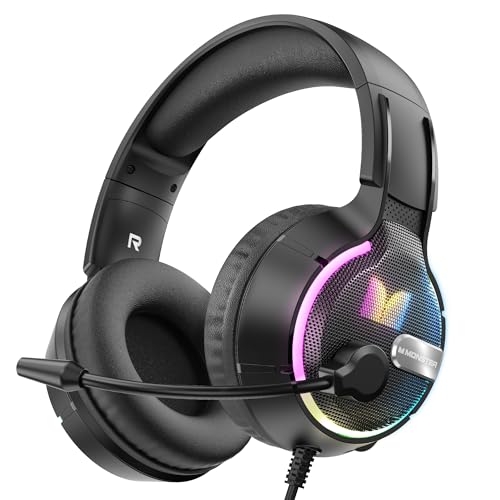 Monster Mission 320 Gaming Headset for PS5, PS4PC,Switch,Noise Cancelling Over Ear Headphones with Mic, LED Light, 7.1 Surround Sound