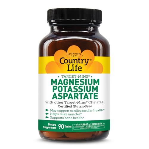 Country Life Target-Mins Magnesium Potassium Aspartate 600mg/198mg 90 Tablets Certified Gluten Free Certified Vegan