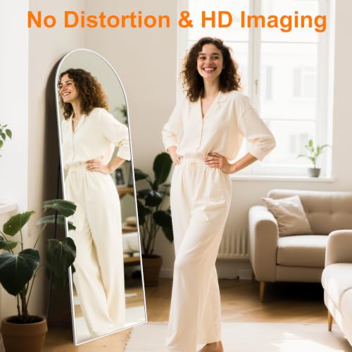 Image of Arched Full Length Mirror, 56 inchx15 inch Standing Body Mirror for Wall, Silver | Built-in Stand, HD Shatterproof Glass, Aluminum Alloy Frame, Hanging or Standing, for Bedroom, Living Room & Dressing Room