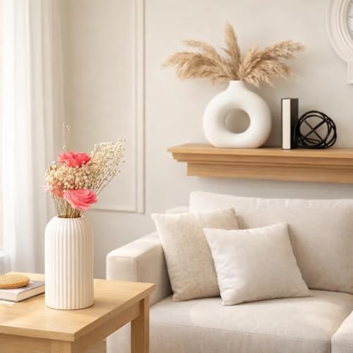 Image of SPHINX White Ceramic Donut Vase, 6 Inch Donut and 6 inch Ribbed Modern Flower Vase for Pampas Grass, Dried Flowers, Home & Office Decor, Centerpiece, Handcrafted Gift Vase (Pack of 2 Only)
