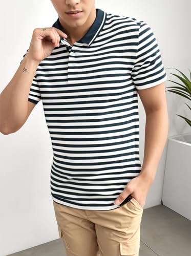 Image of Mack Jonney Men's Striped Cotton Rich Collar Neck T Shirt | Collar Tshirts | Half Sleeves | Striped-Regular Fit-MM485-nw