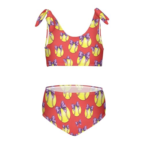 Image of Girls Swimsuit Two Piece Swimwear Bikini Set Pink Bow Softball Bathing Suit for 3-12T,