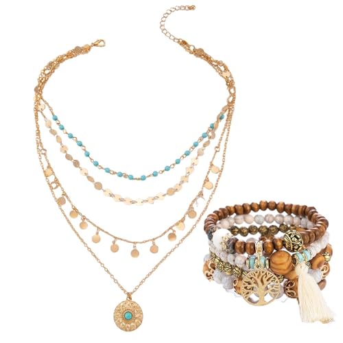 Boho Schmuck Damen, 2 Stück Boho Schmuck Set, Multilayer Halskette Und Armband, Türkis Perlen,...