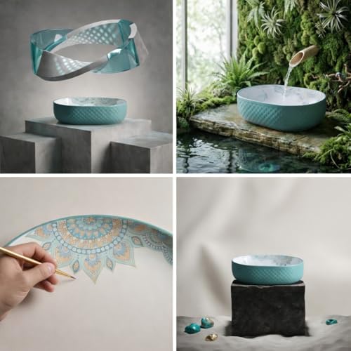 Image of BASSINO 20x14x6 Inches Designer Hand Painted Table Top Wash Basin /Oval-Oblong Counter Top Washbasin Premium Ceramic Bathroom Sink /Artistic Luxury Basin /Tabletop Basin /Home-Hotel(Glossy White & Blue)