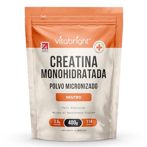 Creatina Monohidratada en Polvo Micronizado | Bolsa de 400 g | 114 Raciones | Creatina Monohidrato Polvo Ultrafino 200 Mesh de Fácil Disolución (No en Gominolas) | Vegana | Vitabright Creatine