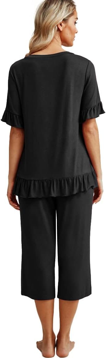 PrinStory Pigiama Donna Scollo a V Pigiama Manica Corta Top E Pantaloni Lunghi 3/4