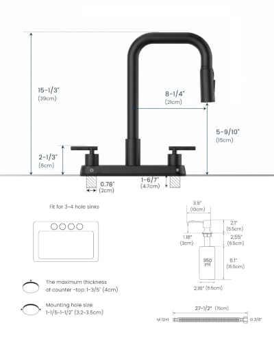 Image of APPASO 4 Hole Kitchen Faucet Matte Black, Dual Handle with Soap Dispenser | Black Kitchen Faucet with Pull Down Sprayer, Square Neck Stainless Steel, Fit for 3 or 4 Holes Standard Sinks, Spot Resist