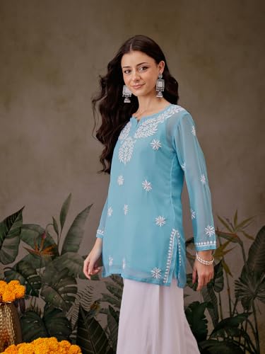 Image of Ada Women's & Girl's Georgette Hand Embroidered Lucknow Chikankari Regular Fit Short Kurti Top with Slip A911300