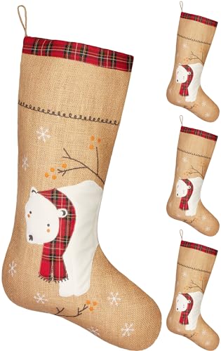 BRUBAKER Chaussette de Noël à Remplir et à Suspendre - 52 cm Grand Chaussette de Saint Nicolas - Chaussette de Noël Décorative en Jute - Ours Polaire avec Écharpe - 4 pcs.