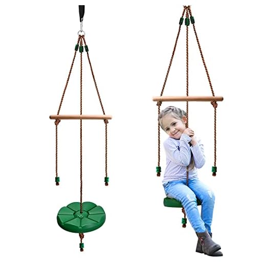Nuewec Disc Swing for Kids with Monkey Bar, Climbing Rope, Carabiners and Straps, Replacement Swing for Indoor and Outdoor, Backyard, Zipline, Tree, Playground, Playroom (Green)