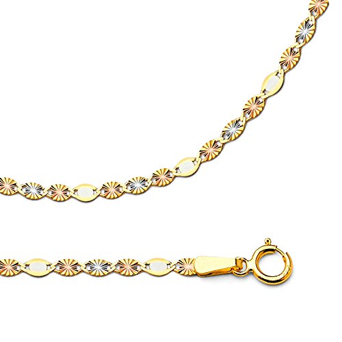 Solid 14k Yellow White Rose Gold Necklace Flat Link Chain Star Diamond Cut Thin Multi, 2.1 mm - 16, 18, 20, 22, 24 inch